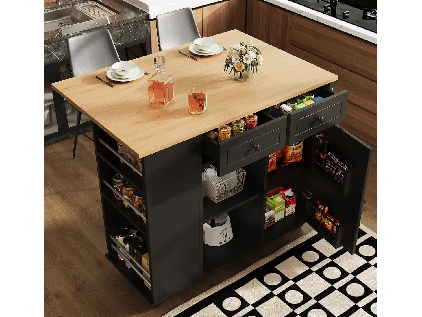 Isla de cocina móvil con 2 cajones, 1 puerta y compartimentos - 120x42/76x91,5cm - MDF y metal - Negro + natural