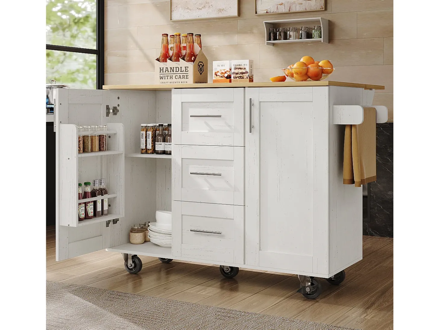 Isla de cocina móvil con 2 puertas, 3 cajones y toallero - Tablero extensible - 134,5 x 46/74 x 90,8 cm - MDF - Blanco