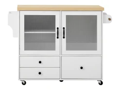 Isla de cocina móvil con 2 puertas de cristal y 3 cajones - Mesa extensible - Blanco