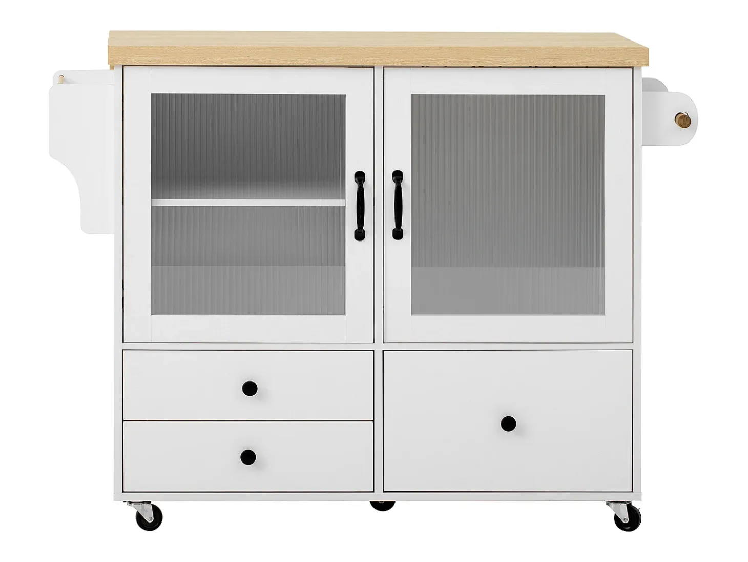 Isla de cocina móvil con 2 puertas de cristal y 3 cajones - Mesa extensible - Blanco