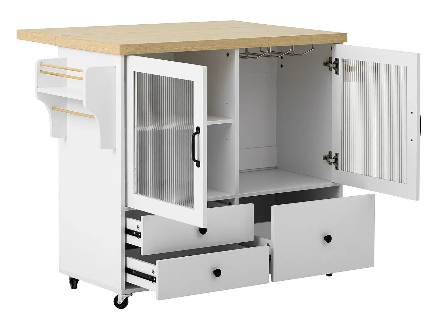Isla de cocina móvil con 2 puertas de cristal y 3 cajones - Mesa extensible - Blanco