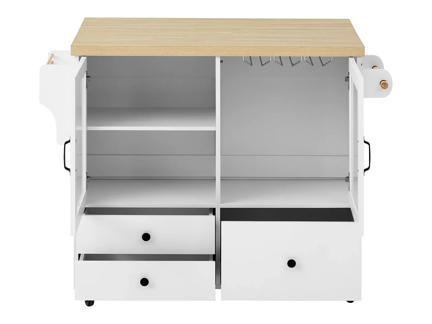 Isla de cocina móvil con 2 puertas de cristal y 3 cajones - Mesa extensible - Blanco