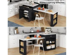Isla de cocina móvil con 2 cajones, 2 puertas y estantes de almacenamiento - 211x55x89,5 cm - MDF - Negro + blanco