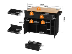 Isla de cocina móvil con encimera abatible - 145 x 45/70 x 94,5 cm - con estantes + 2 puertas + cajón - MDF - negro