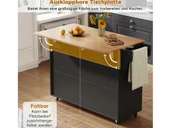 Isla de cocina móvil con encimera abatible - 145 x 45/70 x 94,5 cm - con estantes + 2 puertas + cajón - MDF - negro