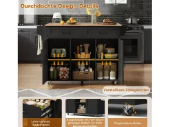 Isla de cocina móvil con encimera abatible - 145 x 45/70 x 94,5 cm - con estantes + 2 puertas + cajón - MDF - negro