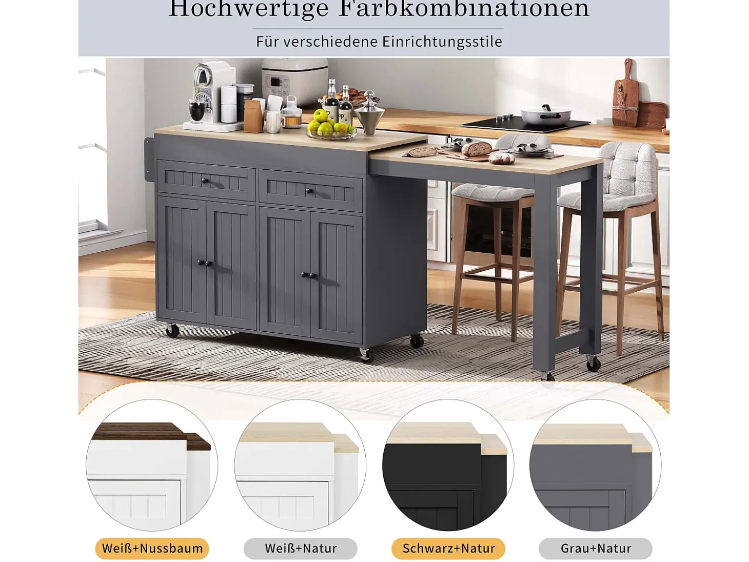Isla de cocina móvil con encimera extensible, con cajones y ruedas (Gris+Nature) (180,5x45x92,2 cm)