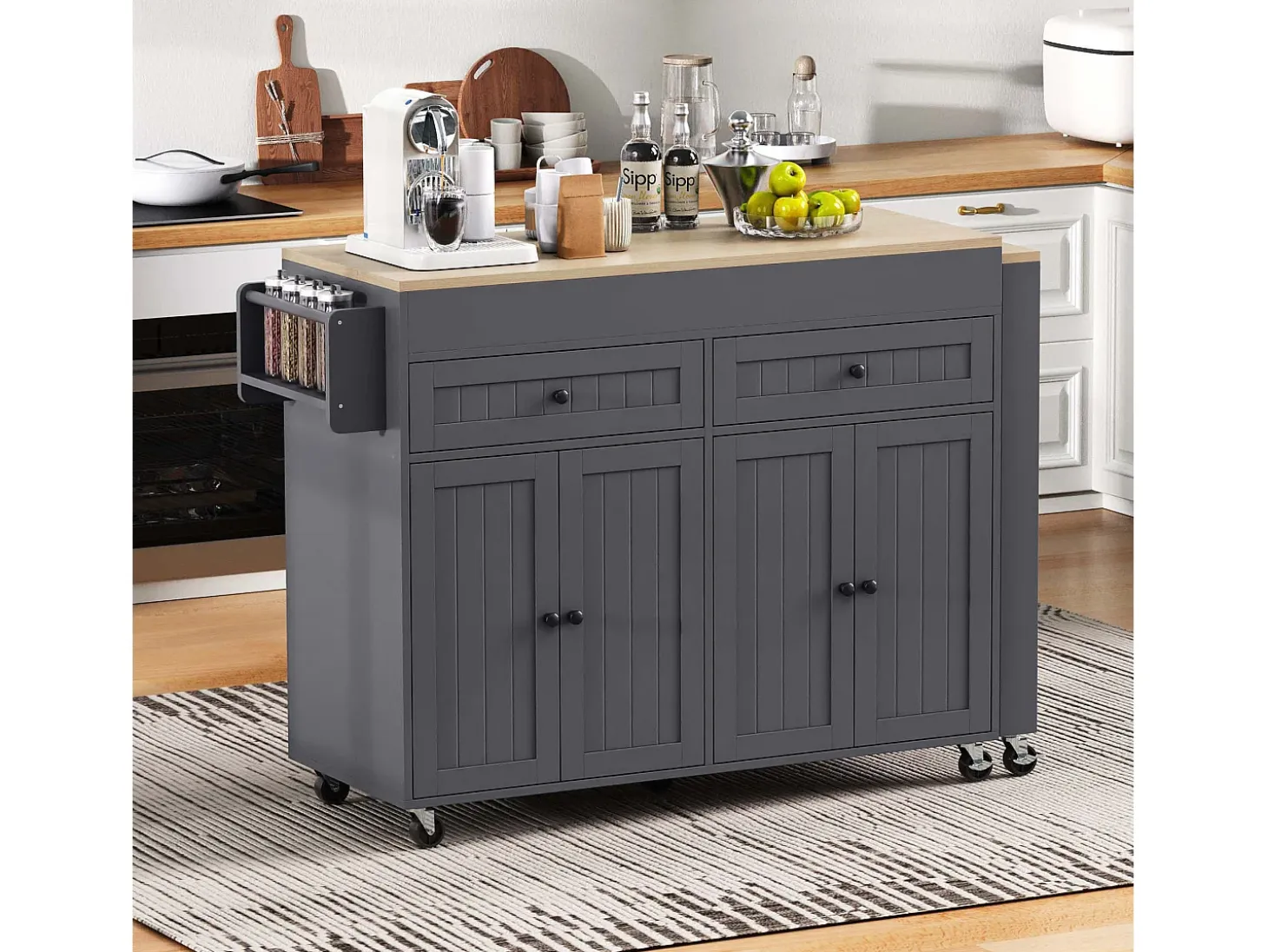 Isla de cocina móvil con encimera extensible, con cajones y ruedas (Gris+Nature) (180,5x45x92,2 cm)