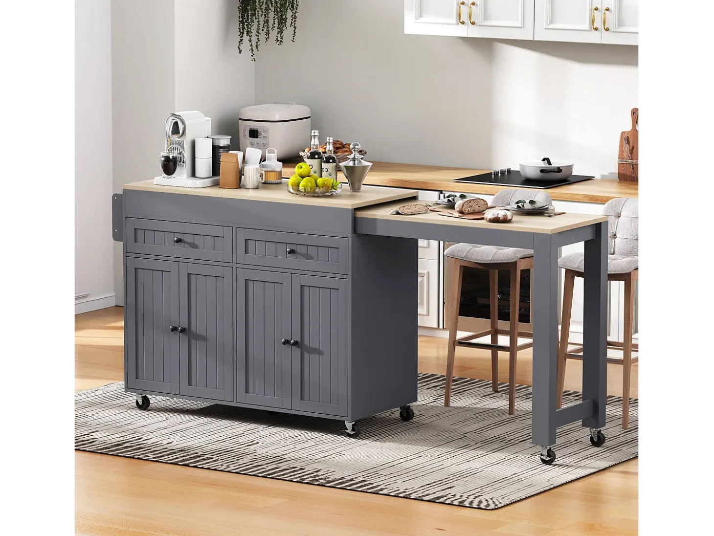 Isla de cocina móvil con encimera extensible, con cajones y ruedas (Gris+Nature) (180,5x45x92,2 cm)