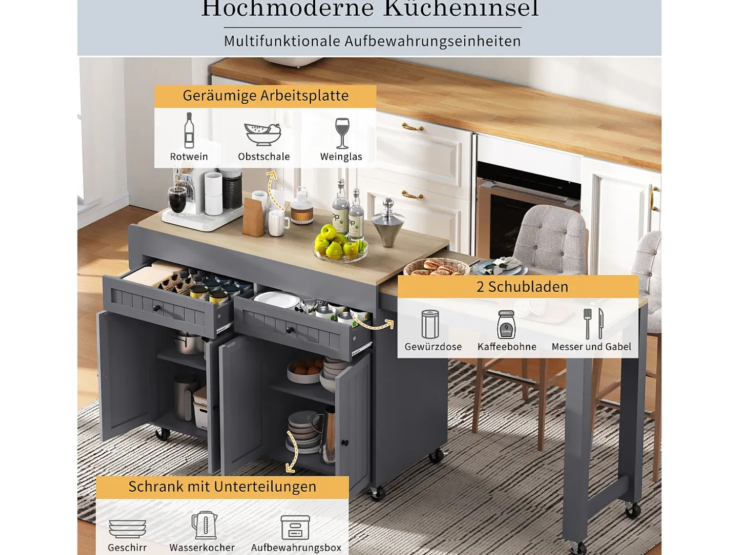 Isla de cocina móvil con encimera extensible, con cajones y ruedas (Gris+Nature) (180,5x45x92,2 cm)