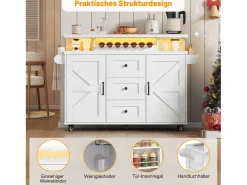Isla de cocina móvil con encimera abatible - 120 x 42/60 x 93 cm - con 2 puertas + 3 cajones + LED - MDF - blanco