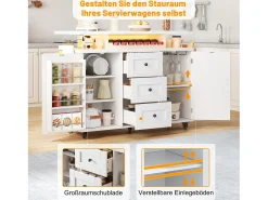 Isla de cocina móvil con encimera abatible - 120 x 42/60 x 93 cm - con 2 puertas + 3 cajones + LED - MDF - blanco