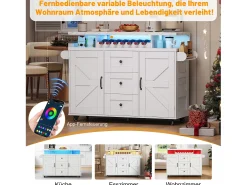 Isla de cocina móvil con encimera abatible - 120 x 42/60 x 93 cm - con 2 puertas + 3 cajones + LED - MDF - blanco