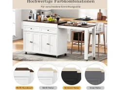 Isla de cocina móvil con encimera extensible y cajones, diseño práctico, MDF, blanco y nogal (180,5x45x92,2 cm)
