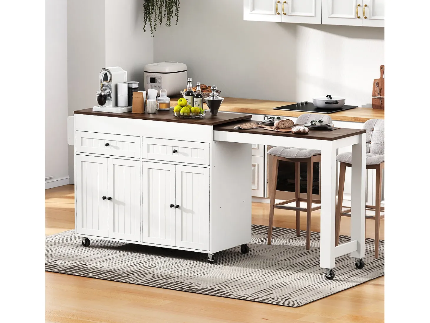 Isla de cocina móvil con encimera extensible y cajones, diseño práctico, MDF, blanco y nogal (180,5x45x92,2 cm)