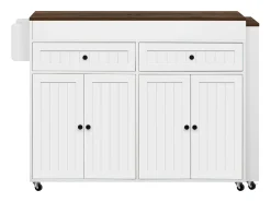 Isla de cocina móvil con encimera extensible y cajones, diseño práctico, MDF, blanco y nogal (180,5x45x92,2 cm)