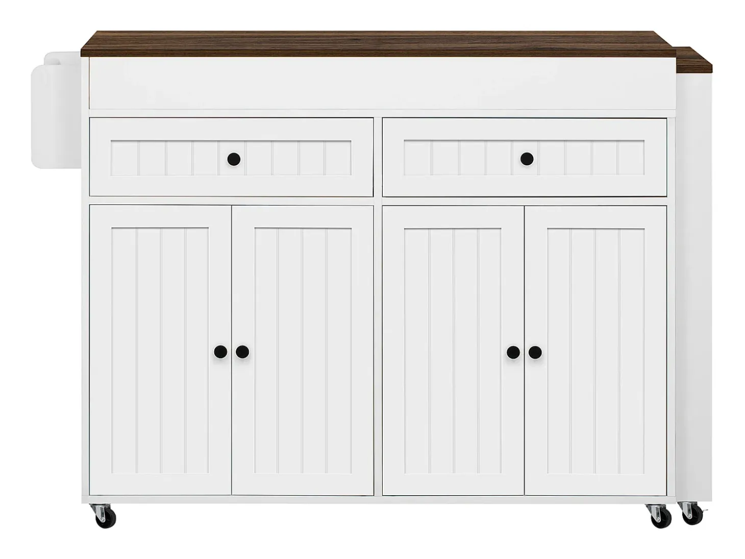 Isla de cocina móvil con encimera extensible y cajones, diseño práctico, MDF, blanco y nogal (180,5x45x92,2 cm)