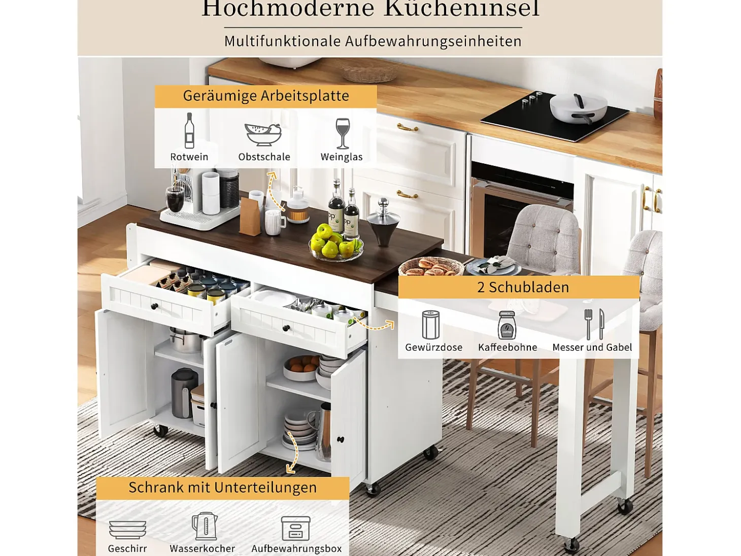 Isla de cocina móvil con encimera extensible y cajones, diseño práctico, MDF, blanco y nogal (180,5x45x92,2 cm)