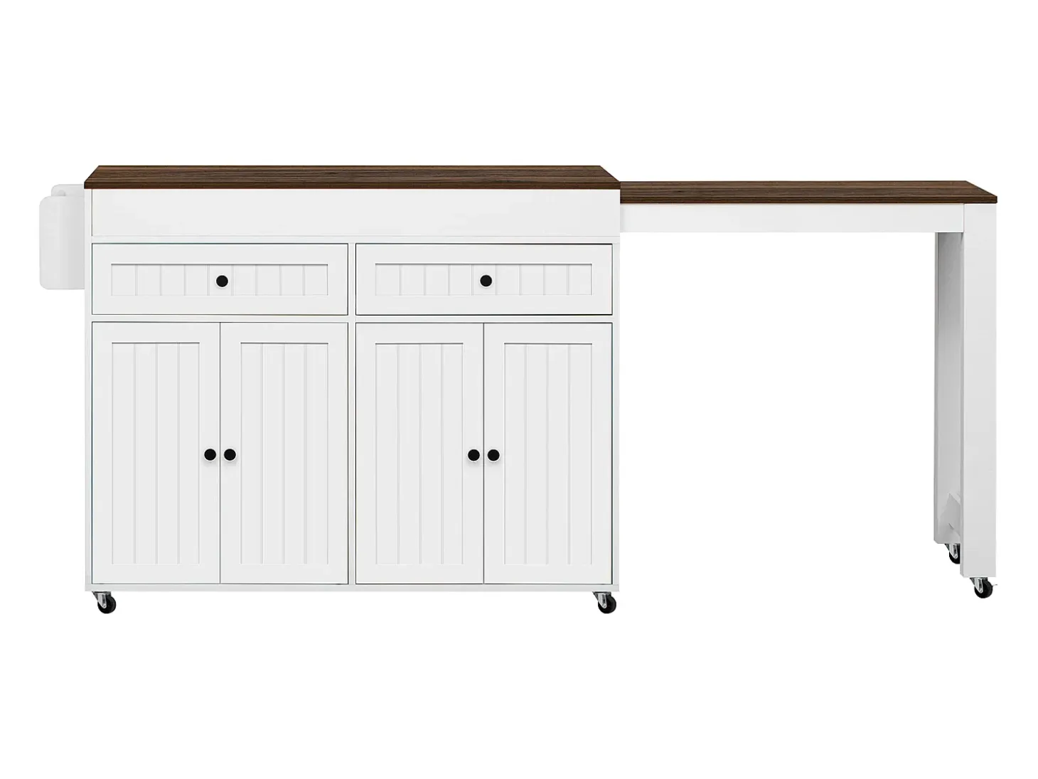 Isla de cocina móvil con encimera extensible y cajones, diseño práctico, MDF, blanco y nogal (180,5x45x92,2 cm)