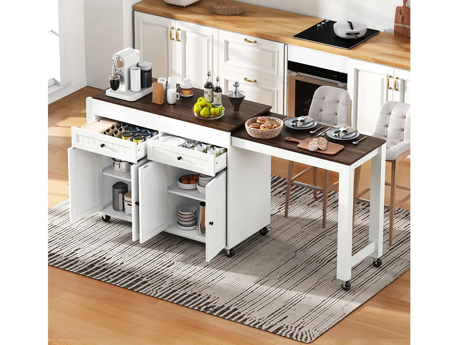 Isla de cocina móvil con encimera extensible y cajones, diseño práctico, MDF, blanco y nogal (180,5x45x92,2 cm)