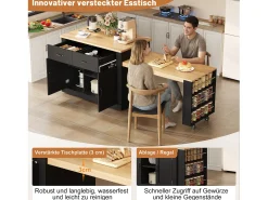 Isla de cocina móvil con mesa extensible - 132/235 x 60 x 93 cm - mesa de bar con estantes + puertas + cajón - MDF - negro