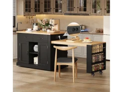 Isla de cocina móvil con mesa extensible - 132/235 x 60 x 93 cm - mesa de bar con estantes + puertas + cajón - MDF - negro