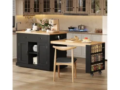 Isla de cocina móvil con mesa extensible - 132/235 x 60 x 93 cm - mesa de bar con estantes + puertas + cajón - MDF - negro