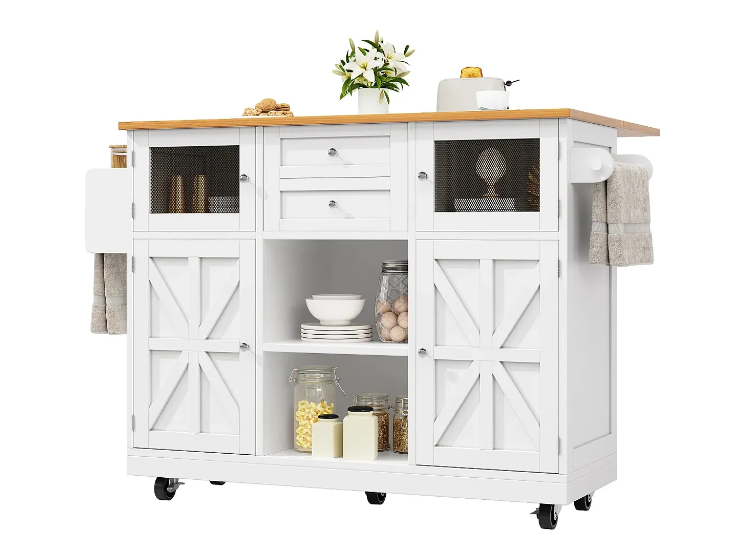 Isla de cocina móvil extensible, MDF y metal, color blanco con tablero de madera (140x40x93,5cm)