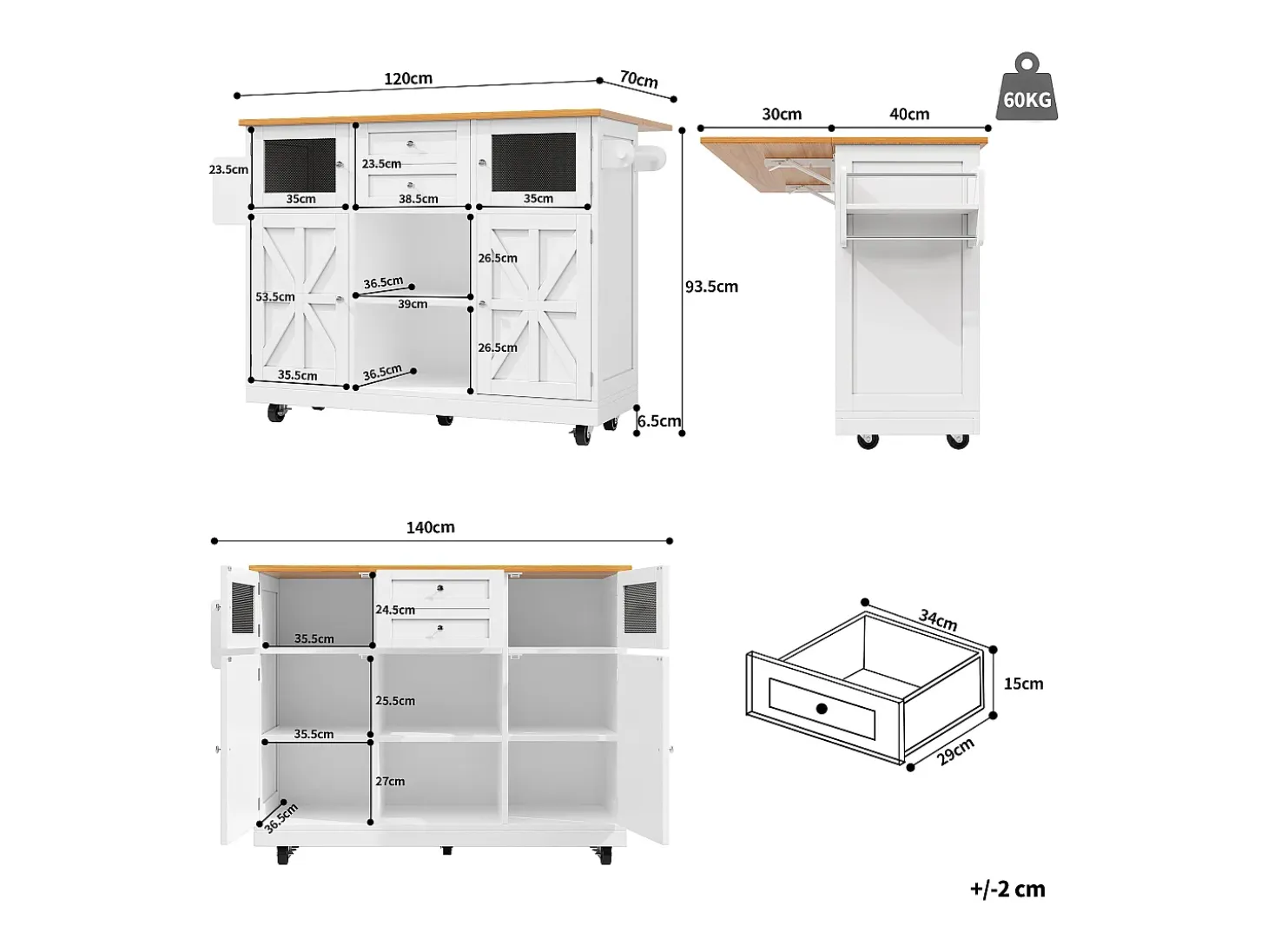 Isla de cocina móvil extensible, MDF y metal, color blanco con tablero de madera (140x40x93,5cm)