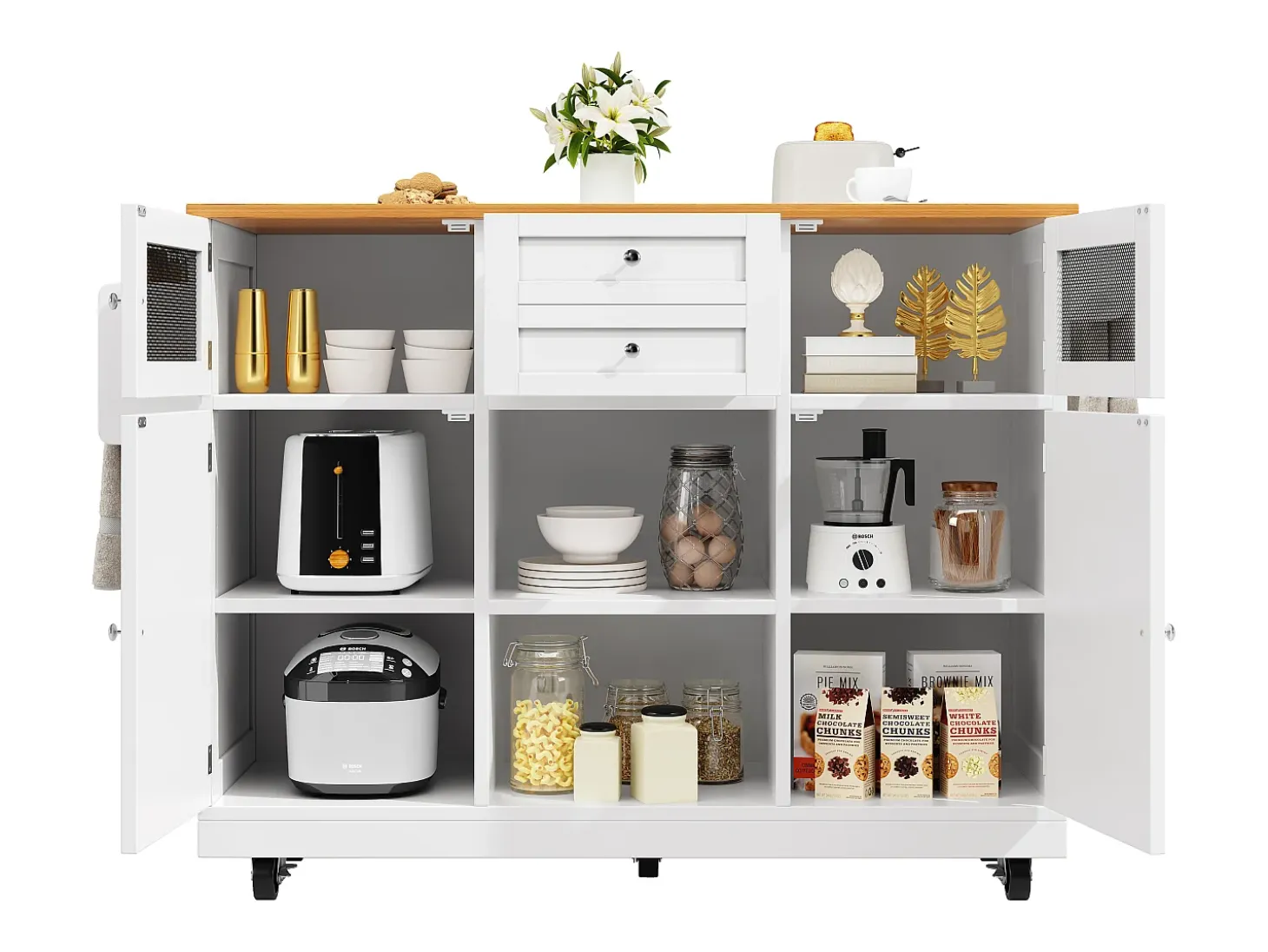 Isla de cocina móvil extensible, MDF y metal, color blanco con tablero de madera (140x40x93,5cm)