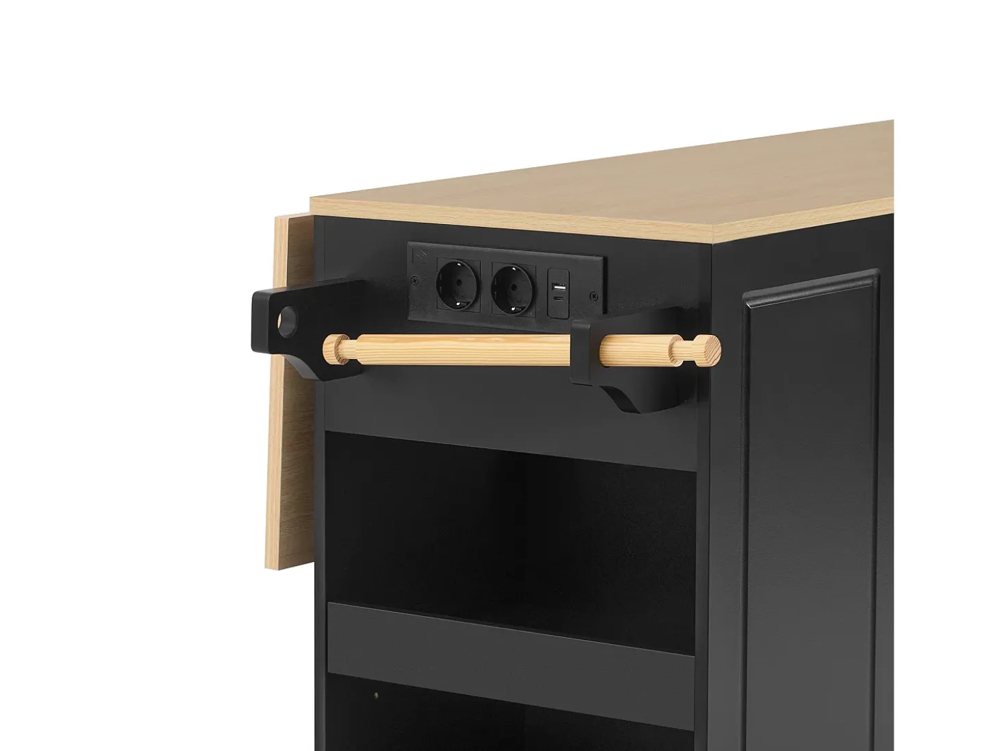 Isla de cocina móvil 131.8x40x93.3cm - encimeras extensibles - con USB - con compartimento para basura y almacenamiento multifuncional - negro