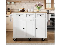 Isla de cocina móvil 131.2x46.2x92.7cm - con ruedas - 3 cajones y 3 puertas - encimera extensible - con toallero - blanco