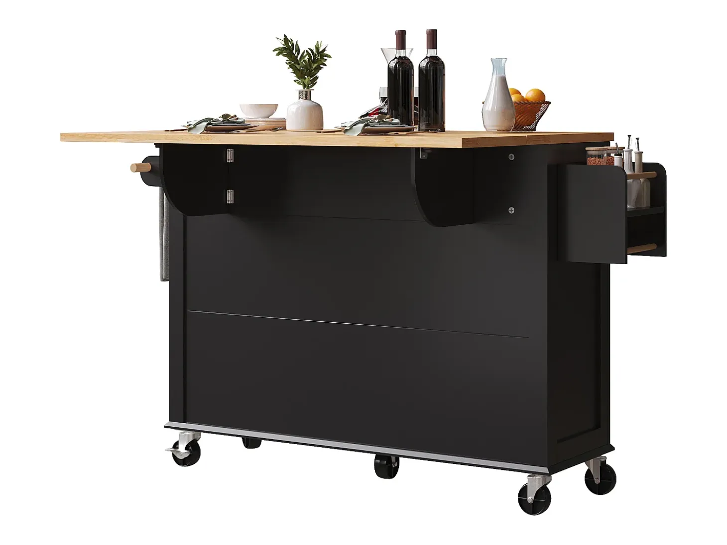 Isla de cocina negra - Carrito de cocina con 2 cajones y 4 puertas de cristal - especiero y toallero