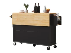Isla de cocina negra - Carrito de cocina con 2 cajones y 4 puertas de cristal - especiero y toallero