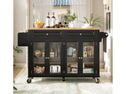 Isla de cocina negra - Carrito de cocina con 2 cajones y 4 puertas de cristal - especiero y toallero