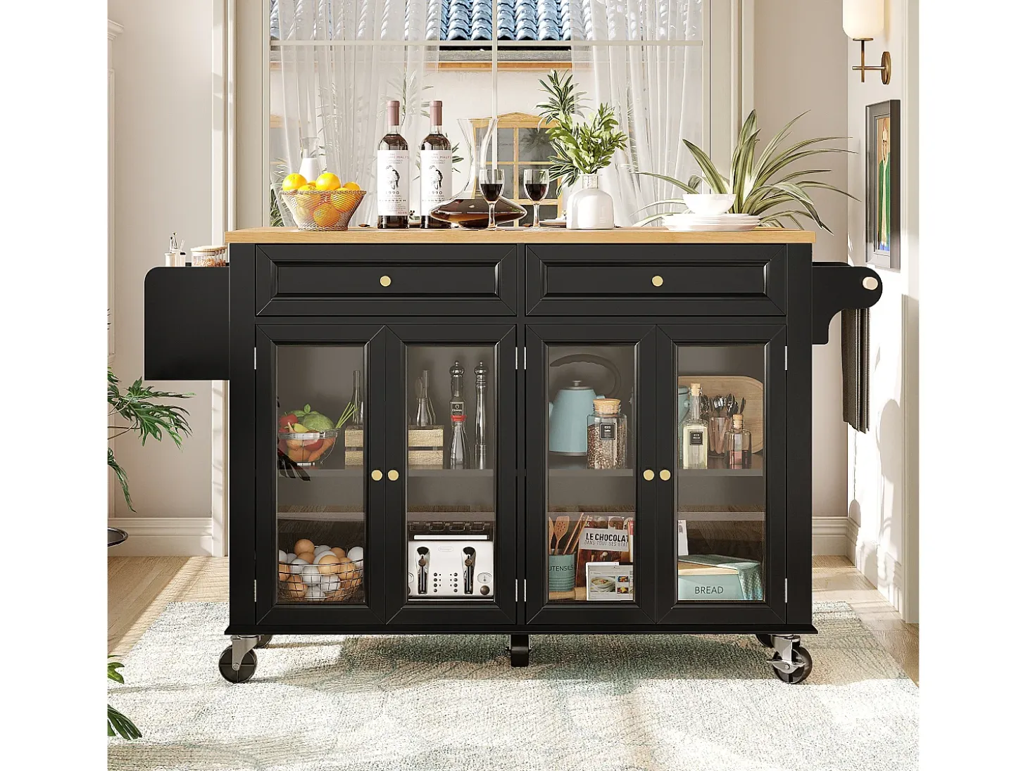 Isla de cocina negra - Carrito de cocina con 2 cajones y 4 puertas de cristal - especiero y toallero
