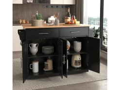 Isla de cocina negra - Isla de cocina con ruedas y patas de madera - encimera abatible - 2 cajones y 4 puertas