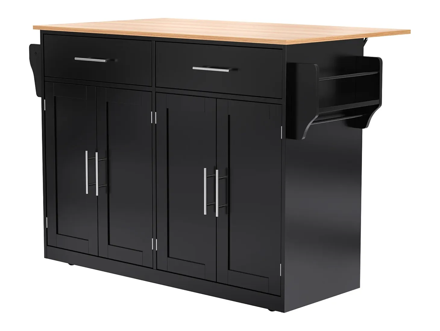 Isla de cocina negra - Isla de cocina con ruedas y patas de madera - encimera abatible - 2 cajones y 4 puertas