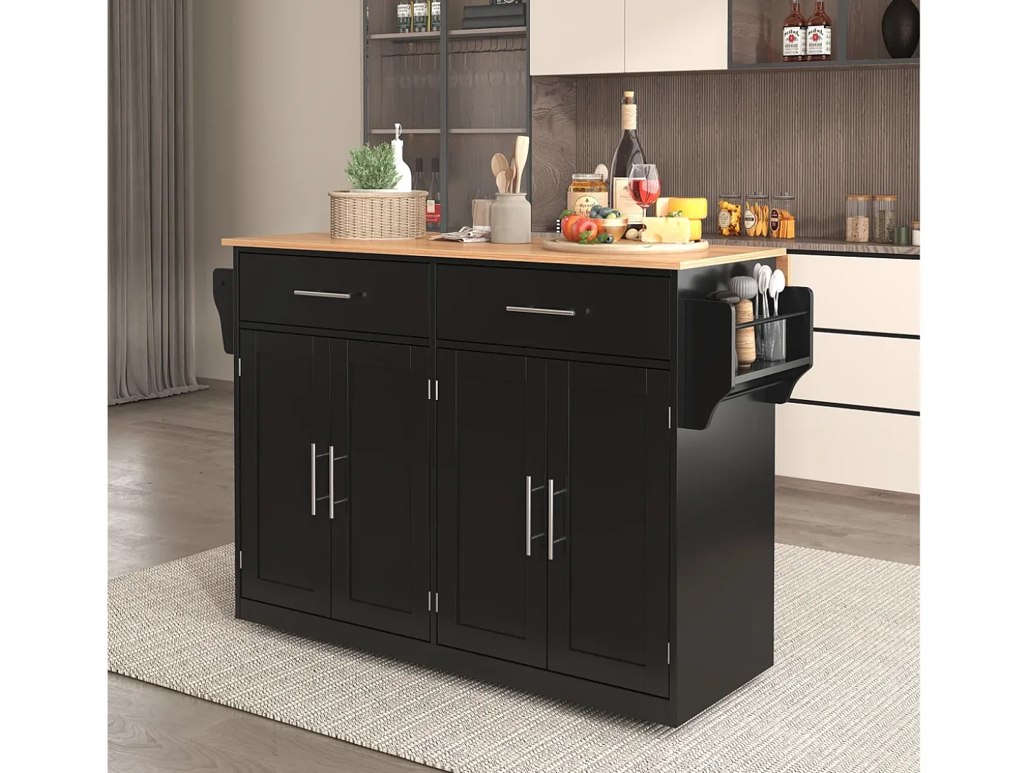Isla de cocina negra - Isla de cocina con ruedas y patas de madera - encimera abatible - 2 cajones y 4 puertas
