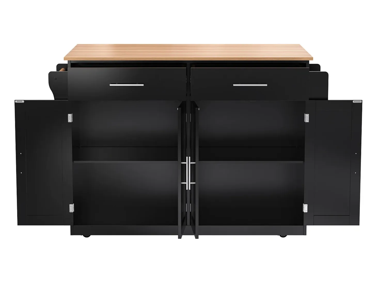 Isla de cocina negra - Isla de cocina con ruedas y patas de madera - encimera abatible - 2 cajones y 4 puertas