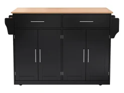Isla de cocina negra - Isla de cocina con ruedas y patas de madera - encimera abatible - 2 cajones y 4 puertas