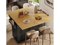 Isla de cocina negra con tablero plegable, 3 cajones y 2 puertas - 5 ruedas