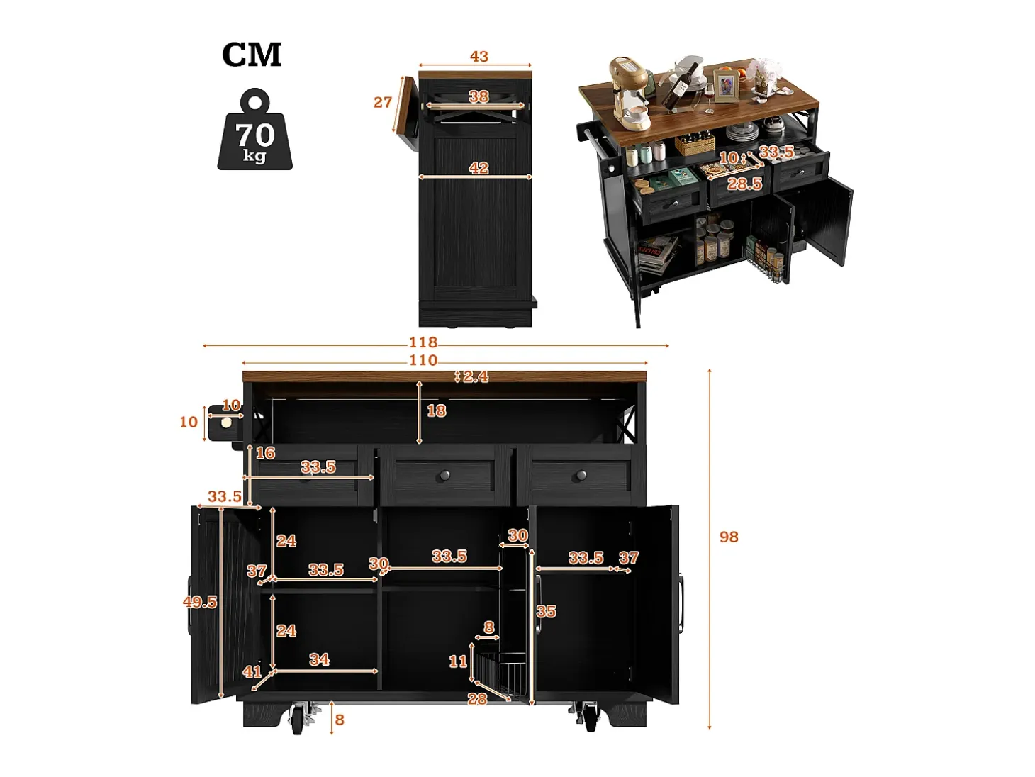 Isla de cocina negra de 3 puertas y 3 cajones - Carrito de cocina con toallero y almacenaje abierto - Parte superior plegable