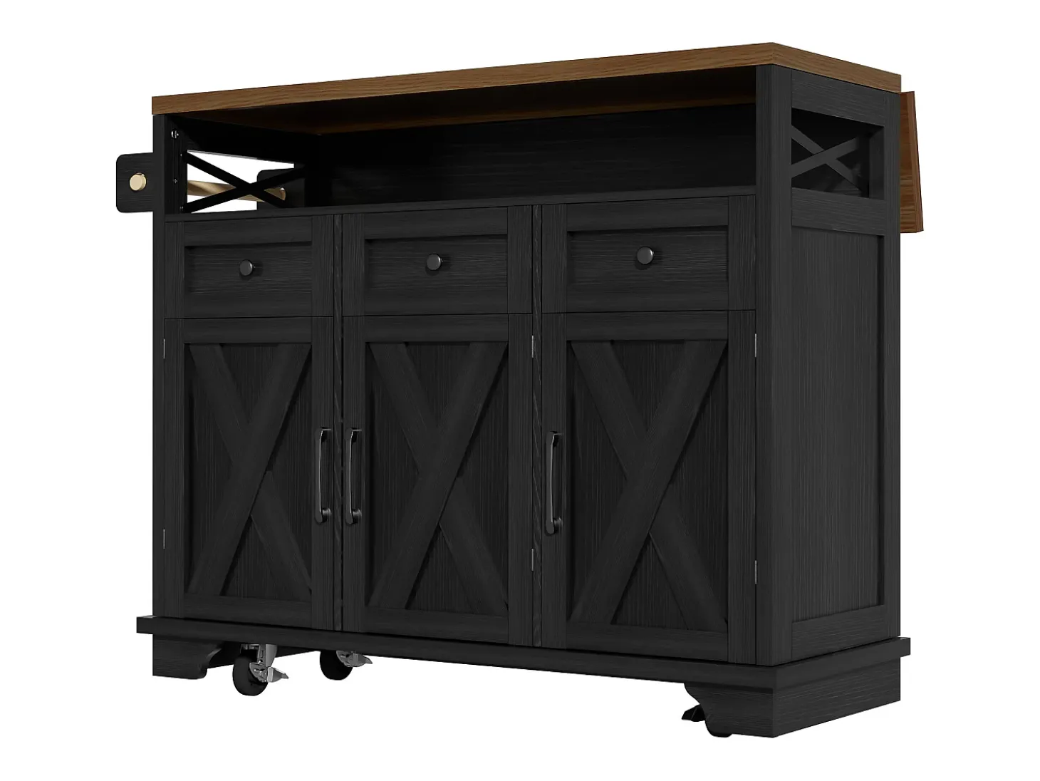 Isla de cocina negra de 3 puertas y 3 cajones - Carrito de cocina con toallero y almacenaje abierto - Parte superior plegable