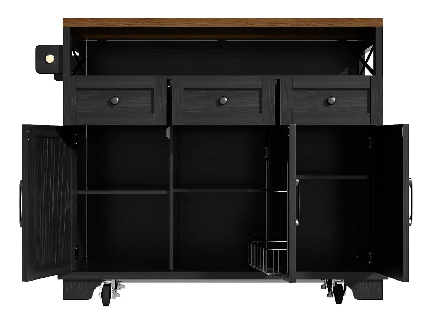 Isla de cocina negra de 3 puertas y 3 cajones - Carrito de cocina con toallero y almacenaje abierto - Parte superior plegable