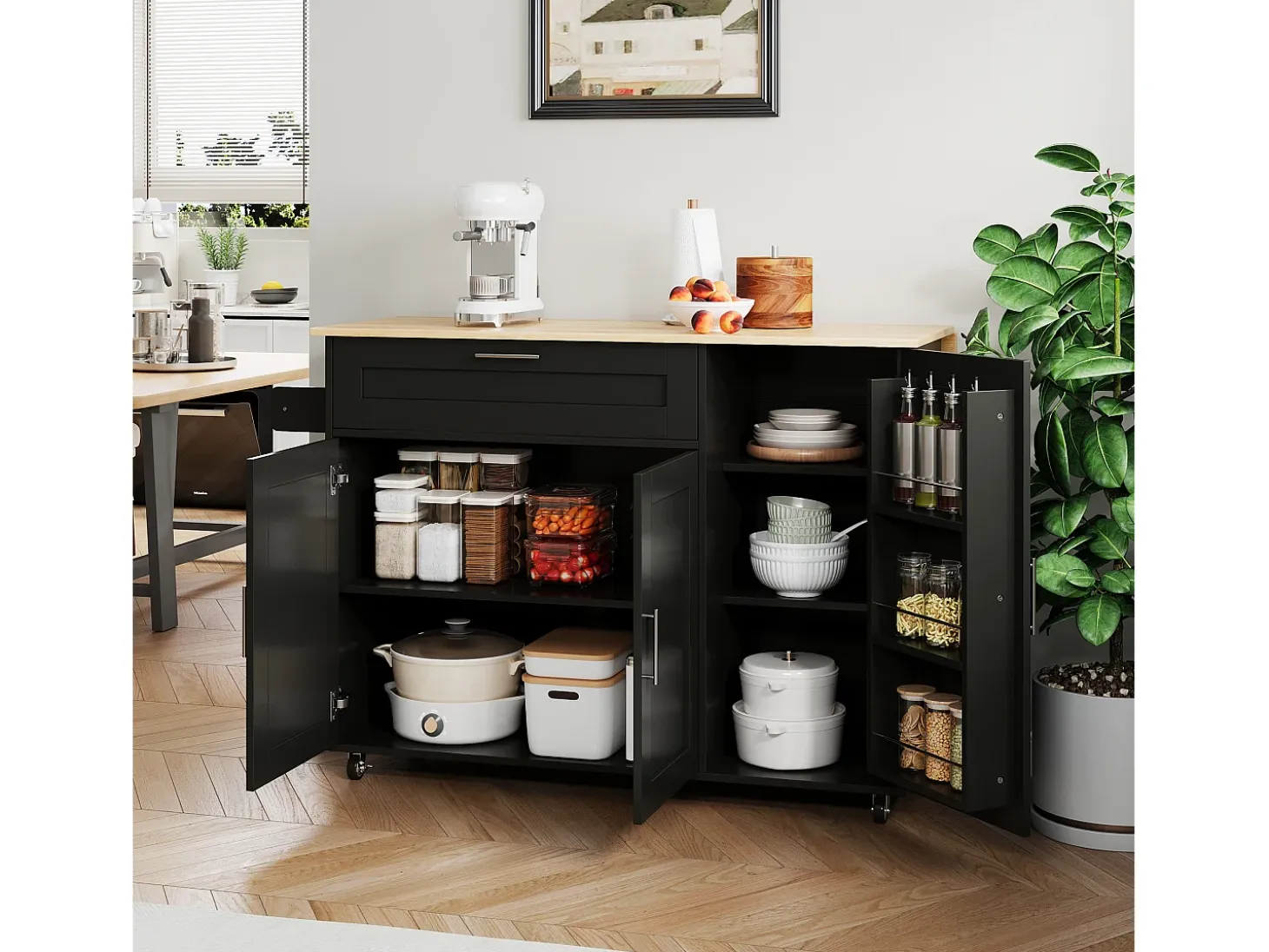 Isla de cocina negra, Isla de cocina móvil con encimera abatible, 3 puertas y 1 cajón - para cocinas y comedores