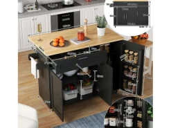 Isla de cocina negra, Isla de cocina móvil con encimera abatible, 3 puertas y 1 cajón - para cocinas y comedores