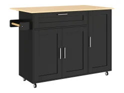 Isla de cocina negra, Isla de cocina móvil con encimera abatible, 3 puertas y 1 cajón - para cocinas y comedores