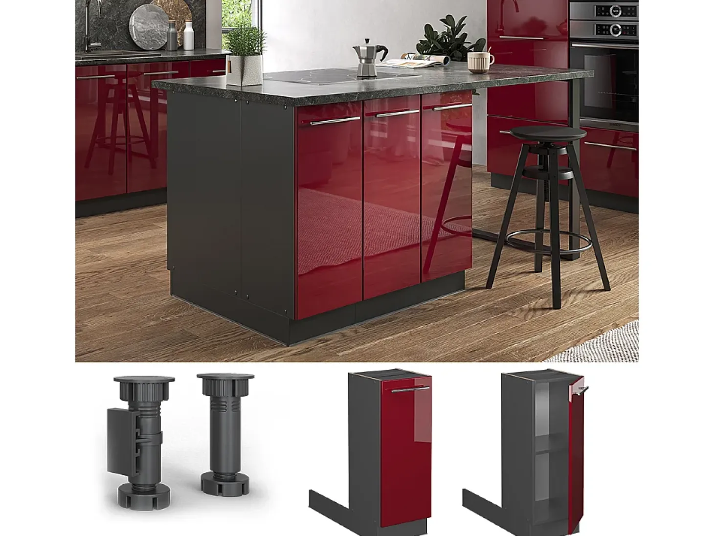 Isla de cocina rojo burdeos alto brillo 30x70x82 fame-line