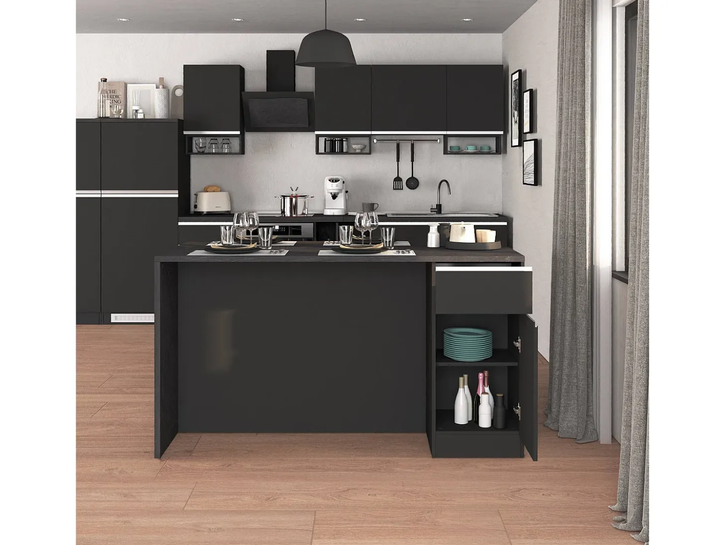 Isla de cocina Sole con 2 puertas y 2 cajones, color antracita mate/report, 160 x 90 x 90 cm